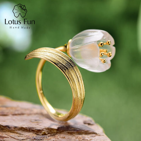 Lotus Fun Real 925 Sterling Silver 18k Gold Ring Natural Crystal Handmade Fine Jewelry Lily of the Valley Flower Rings For Women