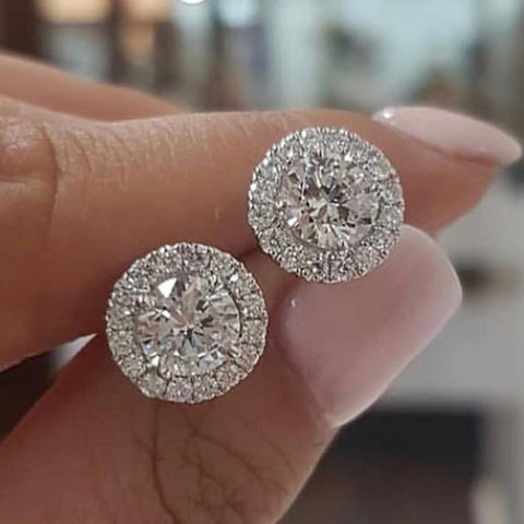 Luxury Crystal Female Small Round Stud Earrings Vintage 925 Sterling Silver Wedding Jewelry Zircon Stone Earrings For Women