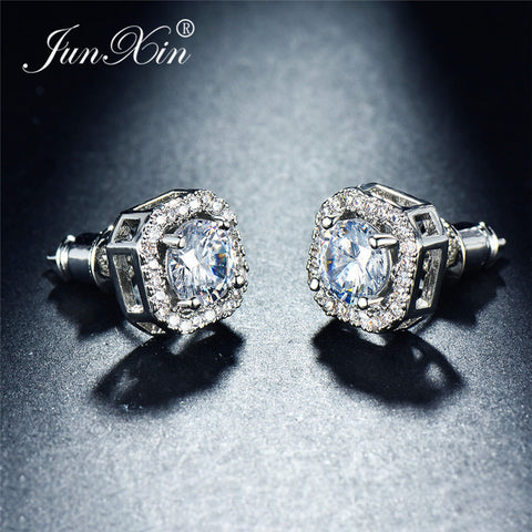 Luxury Female White Zircon Stone Earrings 925 Silver Crystal Round Stud Earrings For Women Vintage Wedding Jewelry