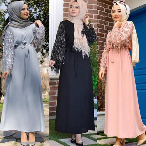 Luxury Sequins Abaya Tassels Muslim Maxi Dress Cardigan Long Robe Gowns Jubah Kimono Eid Ramadan Islamic Worship Service