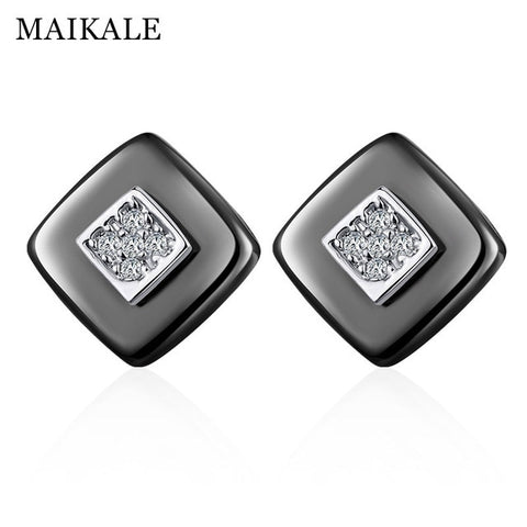 MAIKALE Classic Square Stud Earrings Ceramic AAA Cubic Zirconia Gold Silver Color Simple Korean Earrings For Women Send Friends