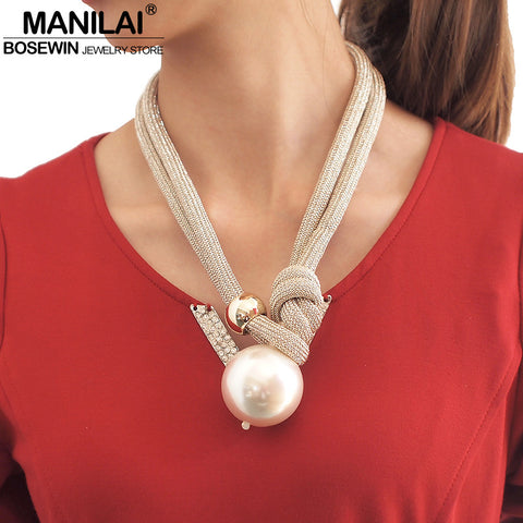 MANILAI Big Imitation Pearl Statement Chokers Necklaces For Women Fashion Thick Rope Adjustable Pendant Necklaces Jewelry
