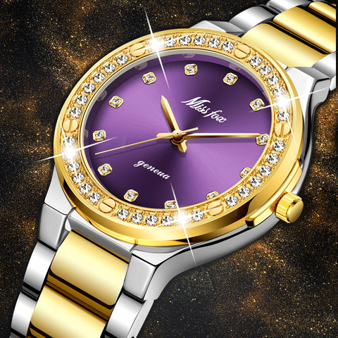 MISSFOX Women Watches Brand Luxury Watch Women Diamond Fashion Purple Geneva 18k Gold Ladies Watch Female Quartz Clock Hours