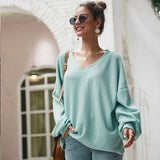 Meyooe Women Sexy Sweater Autumn Winter V Neck Long Sleeve Off Shoulder Loose Solid Pullover Sweater For Women Jumper Femme