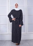 Muslim Stripe Maxi Dress Trumpet Sleeve Abaya Long Skirt Robe Gowns Tunic Kimono Jubah Middle East Ramadan Arab Islamic Clothing