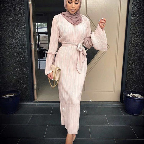 Muslim Wrinkled Pencil Skirt Pliss Maxi Dress Trumpet Sleeve Abaya Long Robes Tunic Middle East Ramadan Arab Islamic Clothing