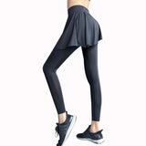 NORMOV Women Fake Two Pieces Skirt Leggings Mid Waist Irregular Elastic Fitness Leggings Female Slim Push Up Workout Leggings