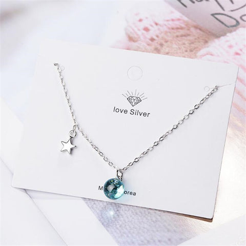 New Beautiful Female Exquisite 925 Sterling Silver Jewelry Star And Blue Ball Crystal Clavicle Chain Pendant Necklaces H373
