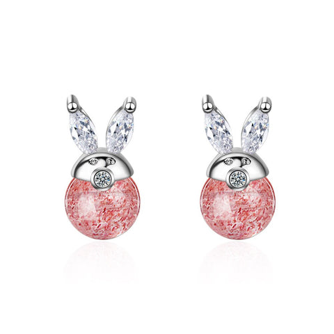 New Fashion Cute Rabbit Animal Pink Strawberry Quartz 925 Sterling Silver Ladies Stud Earrings Wholesale Jewelry For Women Gift