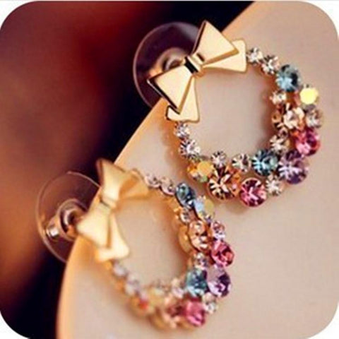 New Fashion Designer Jewelry Colorful Rhinestone Imitation Pearl Butterfly Bow Stud Earrings for Women Brincos 5g