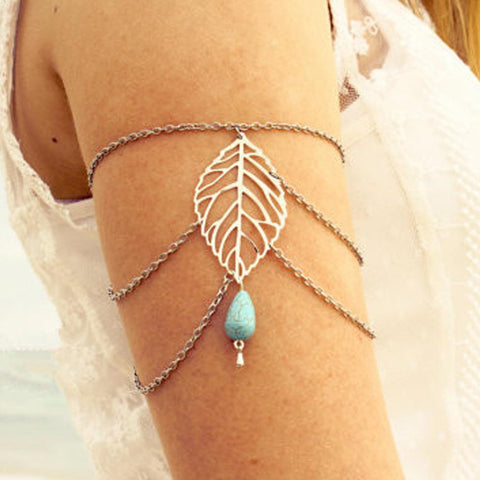 New Leaf Body Chain For Women Upper Arm Bracelet Vintage Blue Stone Drop Arm Chain Tassel Charm Bracelets Bijoux Body Jewelry