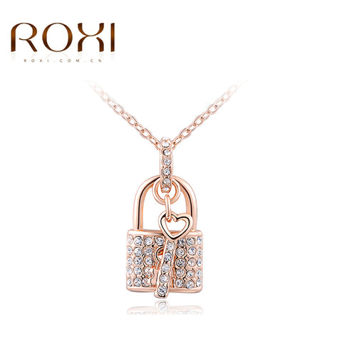 New ROXI White/Rose Gold Color Necklaces Locking & Key Pendants Unique CZ Fashion Jewelry Gifts Necklace For Women Girlfrend