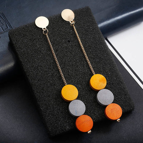 New fashion coloured round wood Tassel Earrings simple Long pendant drop earrings girl Jewelry gift