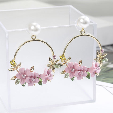 Newly Women Round Circle Dangle Earrings Sweet Flower Five-pointed Star Decor Luxury Jewelry Pink Flower Earrings Brincos