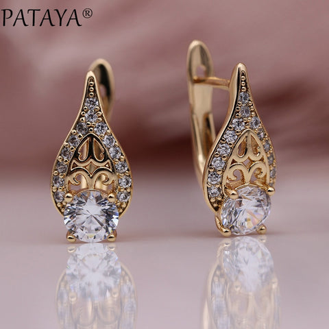 PATAYA New Flame Water Drop Hollow Earring 585 Rose Gold Round Natural Zircon Earrings Women Wedding Fine Cute Fashion Jewelry