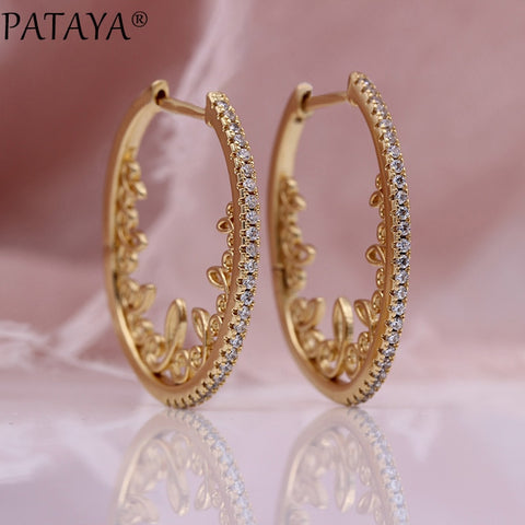 PATAYA New Hollow Lace Circle Drop Earrings Women Party Fine Fashion Jewelry 585 Rose Gold White Natural Zircon Wedding Earrings