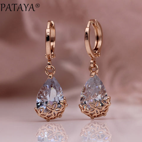 PATAYA New White Water Drop Long Earrings 585 Rose Gold Patterned Asymmetry Cute Dangle Earrings Women Wedding Fashion Jewelry