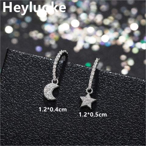 Petite Korean Style 925 Sterling Sliver Small Mini Cute Luxury Moon Star CZ Stud Earrings for Women female Studs Silver Jewelry