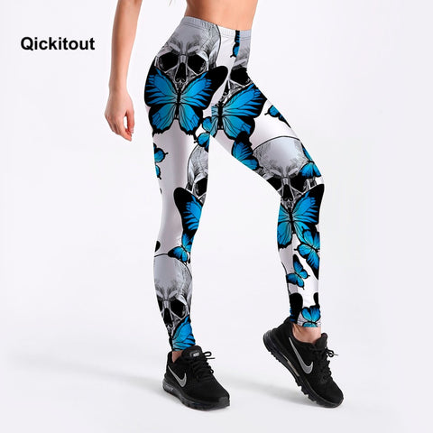 Qickitout Leggings Fitness 2017 Women's Leggings Blue Flirtatious Butterfly Skull Stretch Digital Print Pencil Pants Trousers