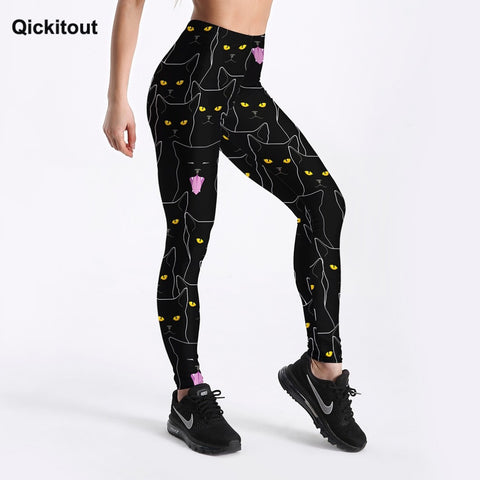 Qickitout Summer Style Fitness Women Leggings Black Cute Cats Printed Leggings Slim Workout Leggings Ankel Length Pants S-4XL