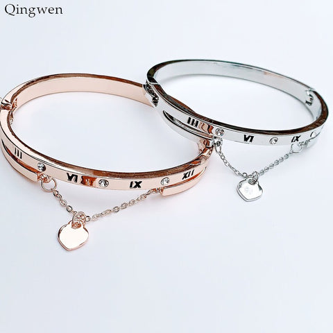 Qingwen Hot Luxury Rose Gold Stainless Steel Bracelets Bangles Female Heart Forever Love Charm Bracelet Women Famous Jewelry