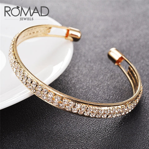 ROMAD 2 Rows Opening Bracelets Women Crystal Rhinestone Bangle Wristband Cuff Open Bracelets Wedding Party Charms Jewelry R1