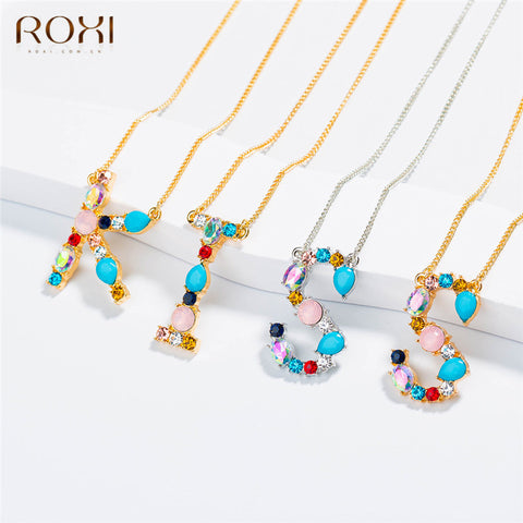 ROXI A-Z Rhinestone Paved Letter Necklace Multicolor CZ Initial Name Necklace Women Nameplate Jewelry Alphabet Pendant Neclace