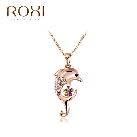 ROXI Brand Jewelry Cute Dolphin Pendant Necklace Women Elegant Rhinestone Necklace Gold Color Chain Necklace Free Shipping