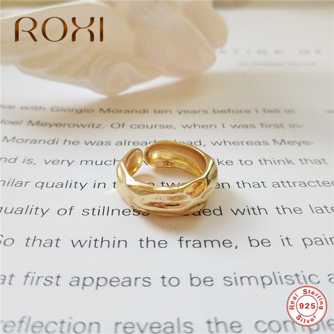 ROXI Fashion 925 Sterling Silver Ring Gold Color Water Wave Rings for Women Simple Personality Party Ring Jewelry anillos mujer