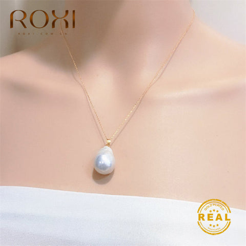 ROXI Fashion Natural Freshwater Pearl Pendant Necklace for Women Long Baroque Pearl Necklace Gold Statement Jewelry Accessories