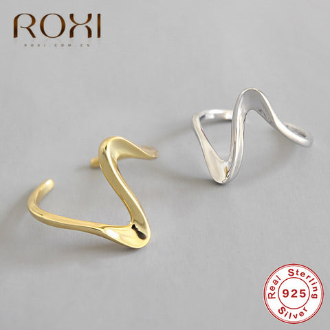 ROXI Genuine 925 Sterling Silver Ring Minimalist Wave Shape Opening Rings for Women Cute Party Jewelry Korean Love Couple Ring