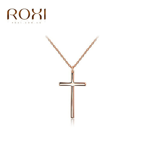 ROXI Necklace For Women Fashion Jewelry Rose Gold Color Statement Cross Pendant Necklace For Women Party Wedding Long Necklace