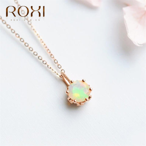 ROXI Simply Small Round Pendant Necklace Women Fire Opal Choker Necklace Gold   Clavicel Chain Necklace Boho Jewelry Gifts