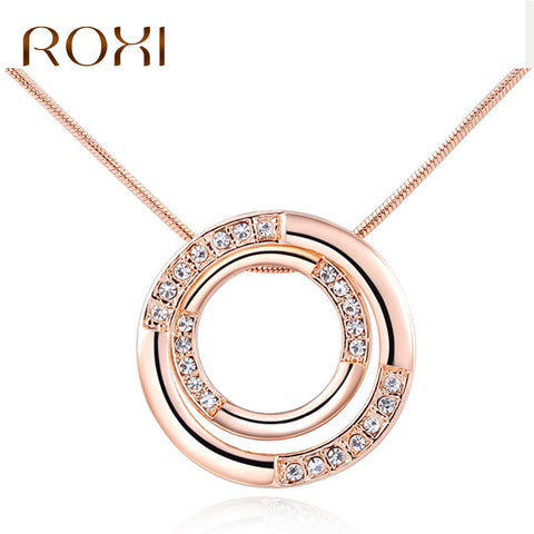 ROXI Statement Necklace Women Rose Gold Color Double Round Pendant Necklace for Woman Crystal Necklace collier femme fantaisie