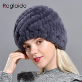 Raglaido Rabbit winter fur hat for Women Russian Real Fur Knitted Cap headgea Winter Warm Beanie Hats 2019 fashion brand LQ11279