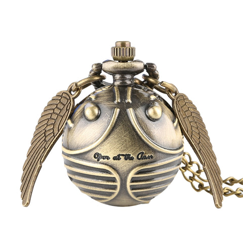 Retro Snitch Ball Shaped Potter Quartz Pocket Watch Fashion Sweater Angel Wings Necklace Chain Gifts for Men Women kids