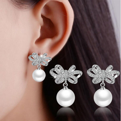 Romantic 925 Sterling Silver Jewelry Shiny CZ Zircon Bowknot Pearl Stud Earrings pendientes boucles d'oreilles oorbellen brincos
