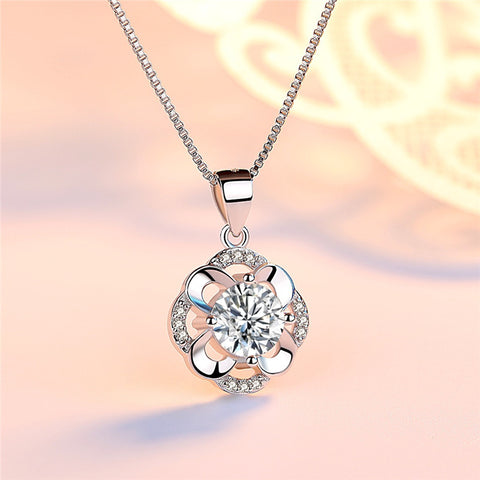 Romantic Four Leaf Flower Stainless Steel Jewelry Long Pendant& Necklace Austrian Crystal Silver 925 Chains For Women Party