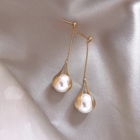 S925 Silver Pin Temperament Long Gold Chain Fringed Pearl Drop Earrings 2019 Elegant Dangle Fashion Pendant Charm Jewelry Gifts