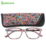 SOOLALA Womens Pocket Printed Reading Glasses with Matching Pouch Cheap Spring Hinge Presbyopic Reading Glasses +1.0 to 4.0