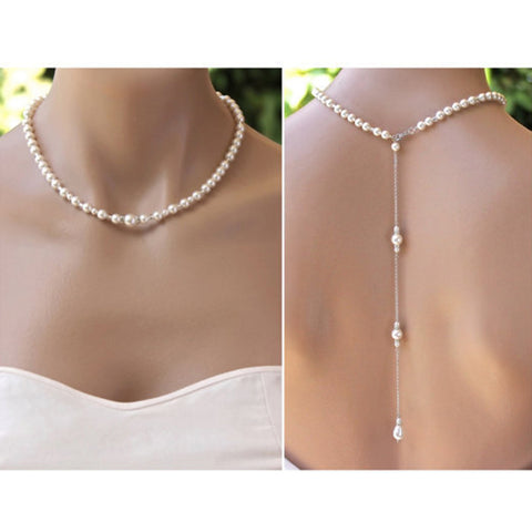 Simulated Pearl Backdrop Necklace Long Choker Back Necklaces For Women Wedding Party Bridal Jewelry Gift