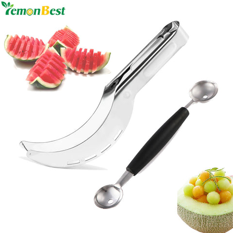 Stainless Steel Watermelon Slicer Fruit Knife Cutter And Ice Cream Ballers Melon Scoop Double Size Spoon Set Kitchen Tools