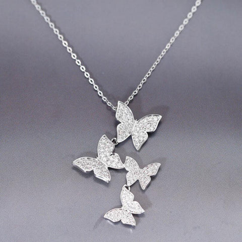 Trend Charming Dazzling Micro CZ Zircon Four Butterfly Pendant Necklaces For Women Gift Choker 925 Sterling Silver Jewelry SAN86
