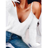 VIEUNSTA Women Hollow Out V-neck Basic Knitted Sweater Sexy Off Shoulder Flare Sleeve Autumn Pullover Solid Casual Tops Sweaters