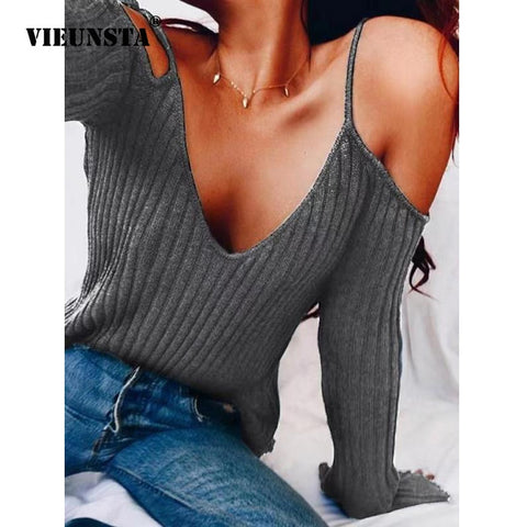 VIEUNSTA Women Hollow Out V-neck Basic Knitted Sweater Sexy Off Shoulder Flare Sleeve Autumn Pullover Solid Casual Tops Sweaters