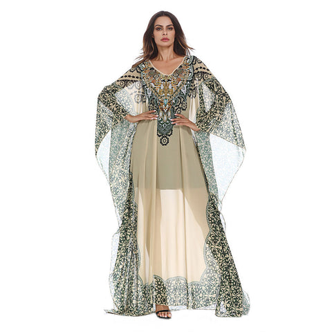 Vintage Printed Chiffon Abaya Batwing Sleeve Women Loose Sexy Long Maxi Robe Transparent ramadan Gown VKDR1256