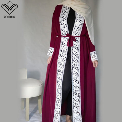 Wechery Elegant Open Abaya Womens Lace Smooth Dress Plus Size Loose Dress Adult Muslim Kaftan Jilbab Garments