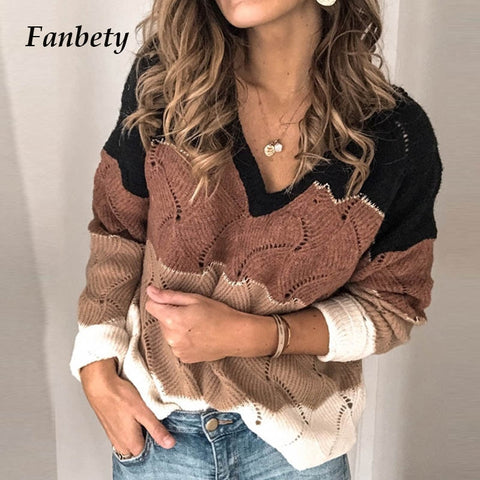 Winter Patchwork Sweater Women Autumn casual o neck Long Sleeve Knitted Sweaters Female New Loose Sweater pullovers dropshipping