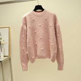 Woman 2019 Autumn Cashmere Solid Color Pullover Sweater Long Sleeve O-neck Sweet Sweater Dot decoration