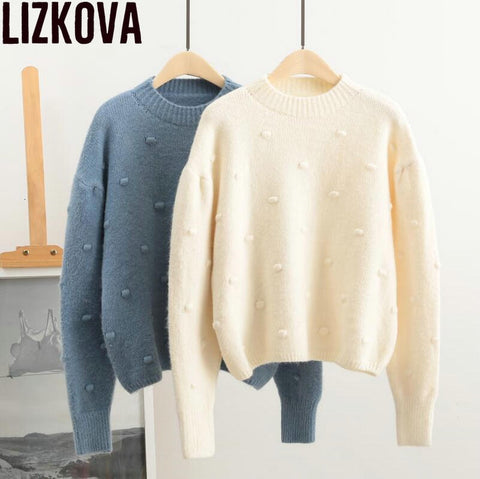 Woman 2019 Autumn Cashmere Solid Color Pullover Sweater Long Sleeve O-neck Sweet Sweater Dot decoration